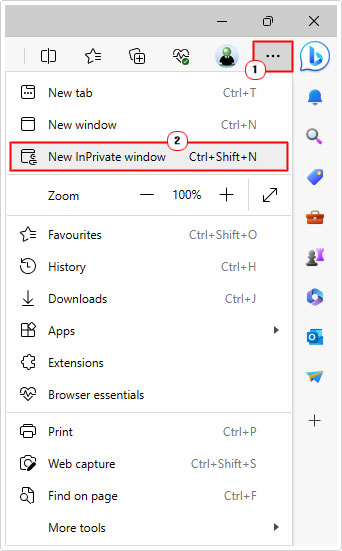 click on New InPrivate Window in Microsoft Edge