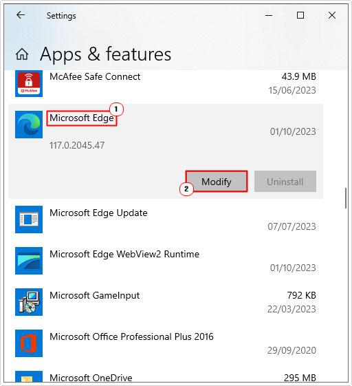 click on Microsoft edge -> Modify