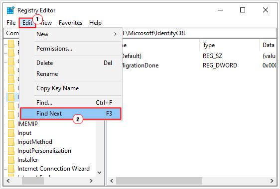 select Edit then Find Next in registry editor
