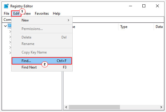 select Edit then Find in registry editor
