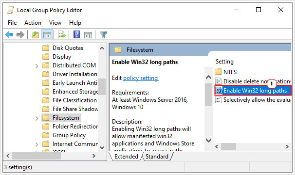 click on Enable Win32 long paths in filesystem