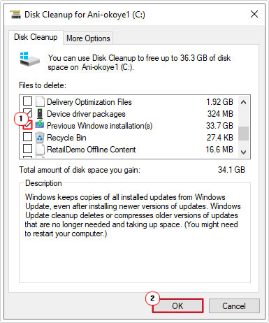 click on Previous Windows Installation in disk cleanup then click on ok