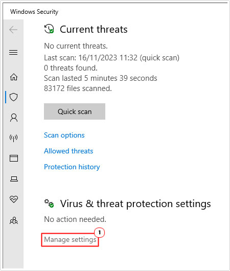 click on manage settings under virus and threat protection settings