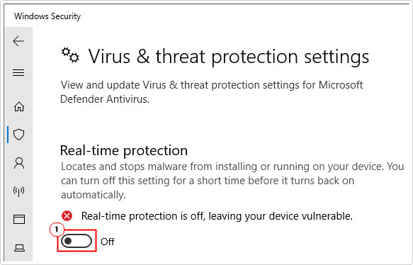 disable real-time protection in virus and threat protection settings