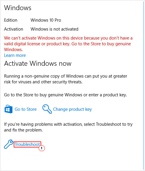 click on troubleshoot on the Windows activation page