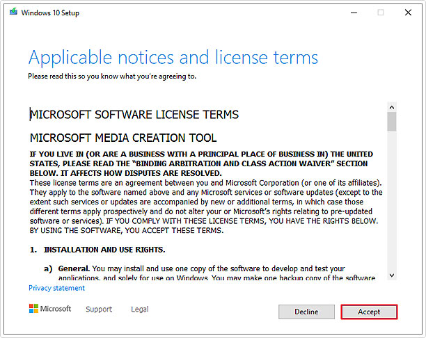 accept agreement in Media Creation Tool