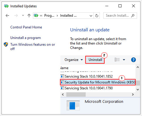 uninstall update in installed updates