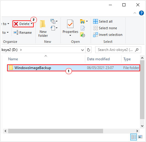 delete WindowsImageBackup folder in d: drive