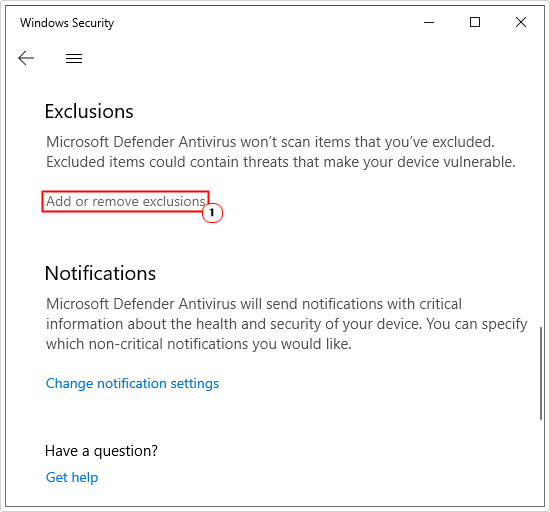 click on Add or remove exclusions in virus and threat protection settings