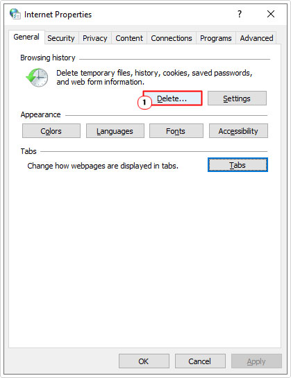 click on delete under Browsing history of internet properties