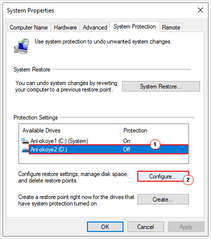 click on drive in Protection Settings and select configure