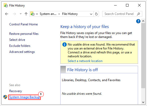 click on System Image Backup in file history