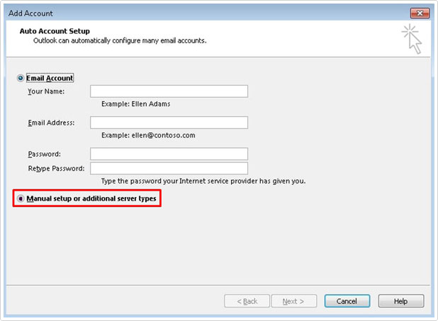 choose Manual setup or additional server types the enter account details