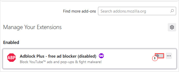 disable add-ons in Manage Your Extensions