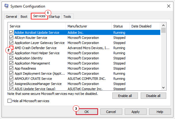 disable AMD services in system configuration