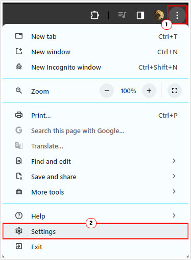 click on three-dots then settings in google chrome