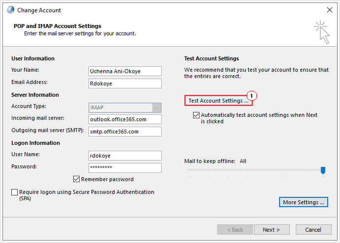 select Test Account Settings in change account
