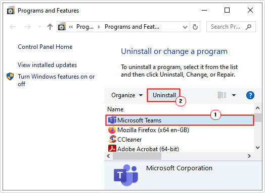 uninstall Microsoft Teams from add or remove programs
