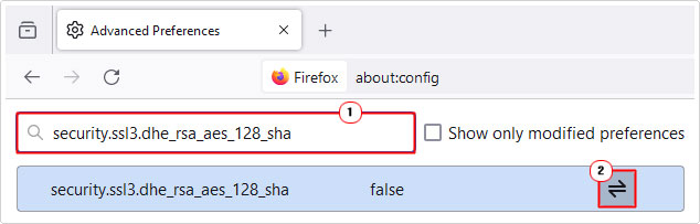 search for security.ssl3.dhe_rsa_aes_128_sha and set to false