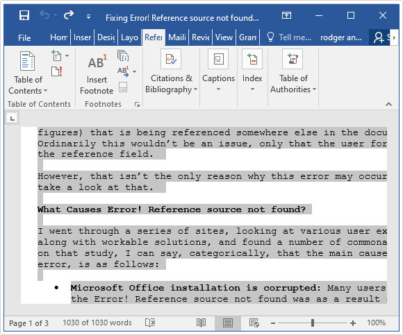 select all text then lock cross-references