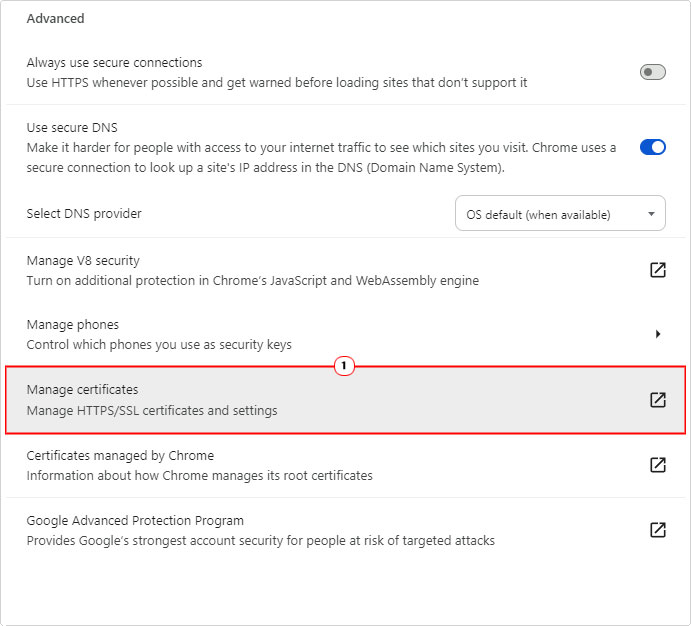 click on Manage certificates in the advanced section of security settings