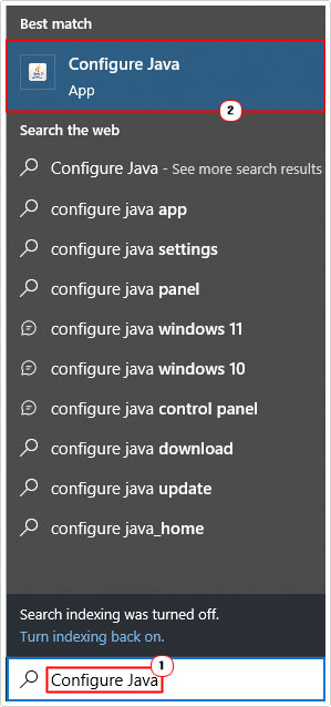click on Configure Java in search bar