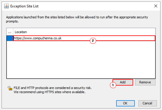 click on add then type url in Exception Site List