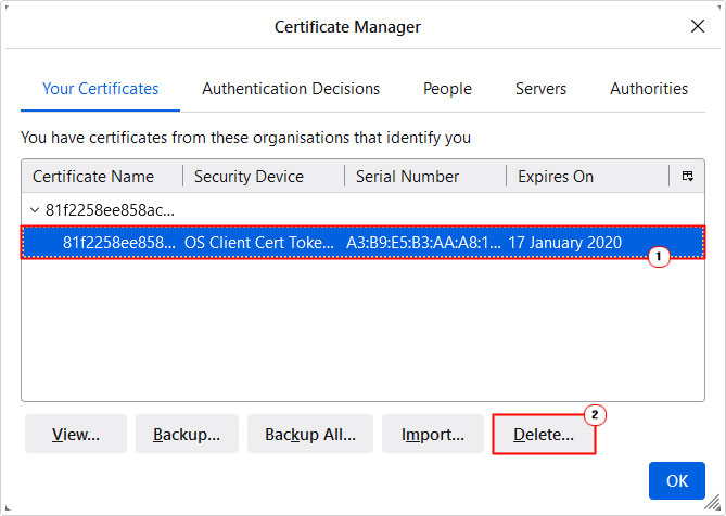 delete certificate in Certificate Manager