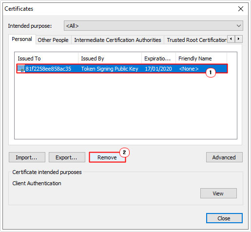 remove Certificates in personal tab