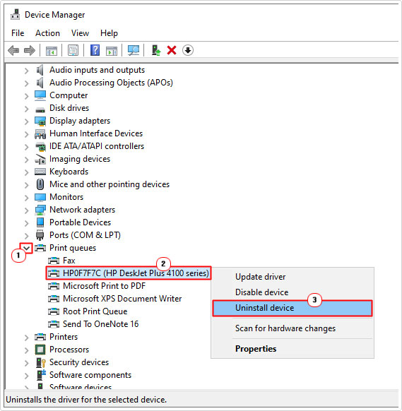 uninstall printer device in device manager