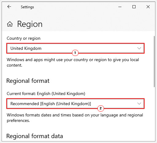 set Country or Region and current format to UK and english