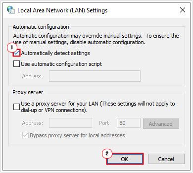 enable automatically detect settings in lan settings