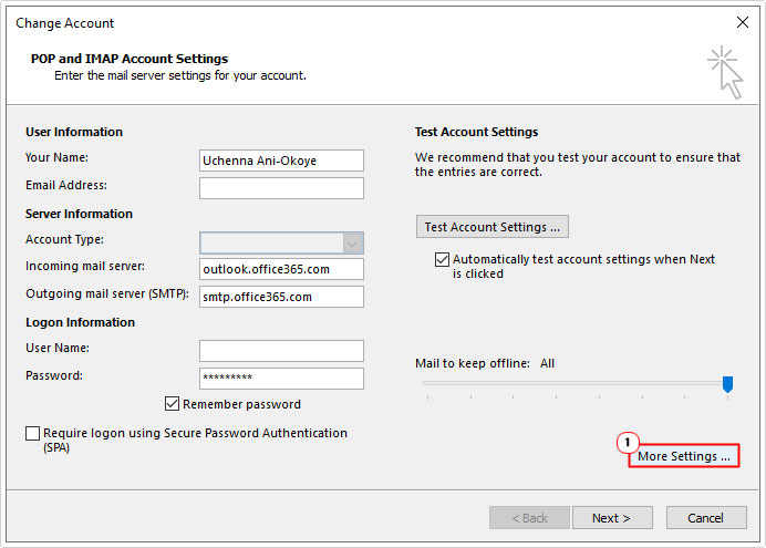 click on More Settings in change account