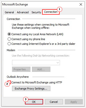 un-tick box for Connect to Microsoft Exchange using HTTP in connections tab