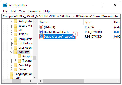 open DefaultSecureProtocols in registry path