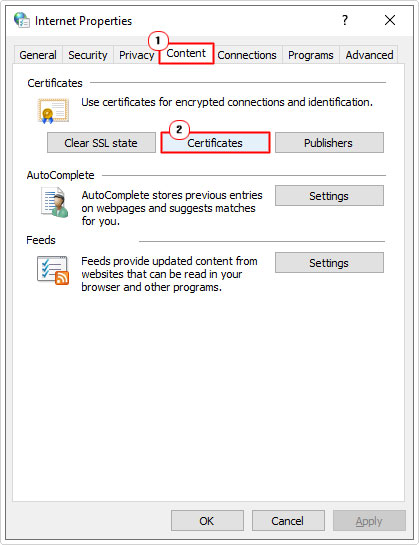 click on Certificate in internet options