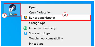 choose Run as administrator on steam shortcut icon