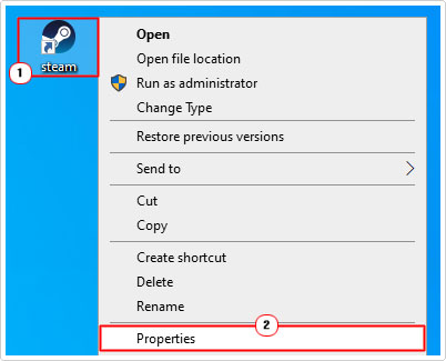 select Properties for steam desktop icon