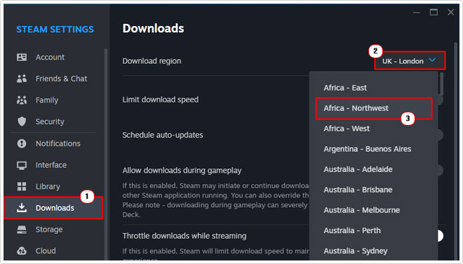 select new region from Download region