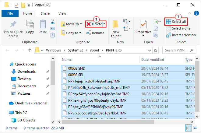 delete contents of printers folder
