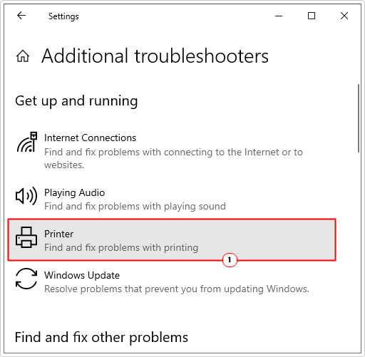 click on printers in additional troubleshooters