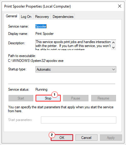 click on stop in Printer Spooler Properties