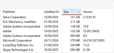 click on size in add or remove programs to arrange apps