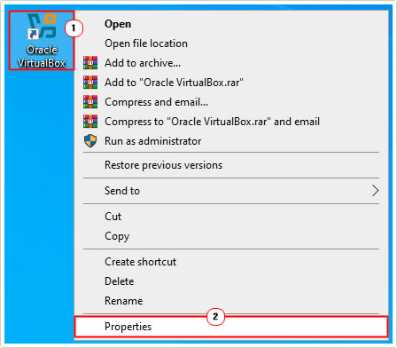 click on properties for VirtualBox