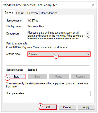set Windows Time to automatic and click on OK