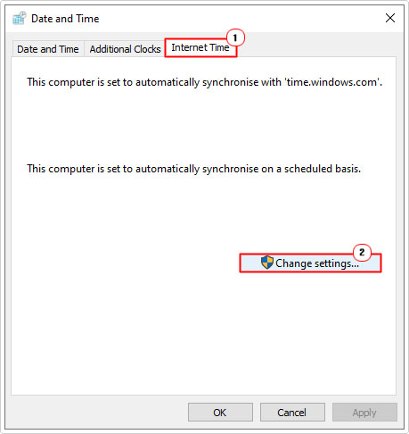 click on change settings in Internet Time for date and time