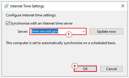choose different time server in Internet Time Settings and click on OK
