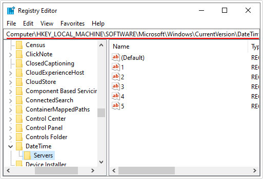 go to CurrentVersion\DateTime\Servers registry path