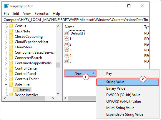 create new string value in CurrentVersion\DateTime\Servers