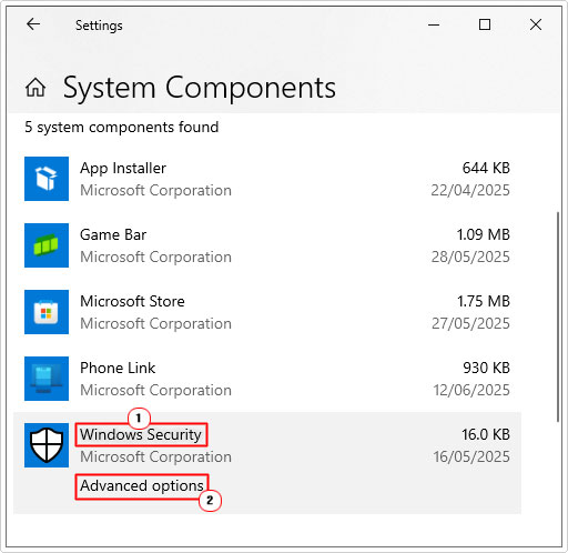 click on windows security then advanced options in system components